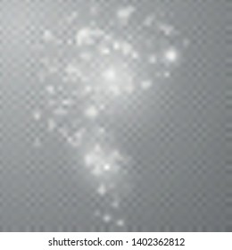 White sparks and golden stars glitter special light effect on transparent background. Christmas abstract pattern. Sparkling magic dust particles.