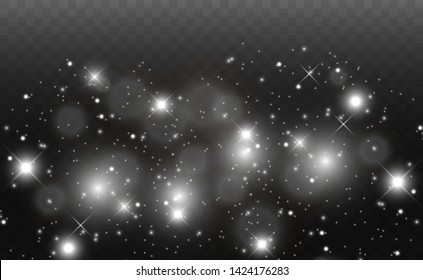 White sparks and golden stars glitter special light effect. Vector sparkles on transparent background. Christmas abstract pattern. Sparkling magic dust particles
