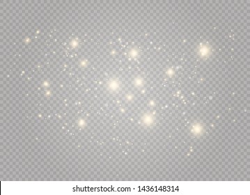 White sparks and golden stars glitter special light effect. Vector sparkles on transparent background. Christmas abstract pattern. Sparkling magic dust particles