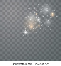 White sparks and golden stars. Glitter special light effect. White star dust trail sparkling particles isolated on transparent background. Vector illustration EPS10.
