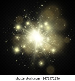 White sparks and golden stars glitter special light effect. Vector sparkles on transparent 