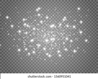 White sparks and golden stars glitter special light effect. Vector sparkles on transparent background. Christmas abstract pattern. Sparkling magic dust particles