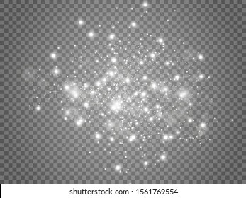 White sparks and golden stars glitter special light effect. Vector sparkles on transparent background. Christmas abstract pattern. Sparkling magic dust particles