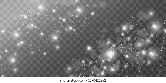 White sparks and golden stars glitter special light effect. Vector sparkles on transparent background. Christmas abstract pattern. Sparkling magic dust particles	
