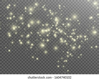White sparks and golden stars glitter special light effect. Vector sparkles on transparent background. Christmas abstract pattern. Sparkling magic dust particles	
