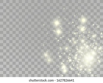 White sparks and golden stars glitter special light effect. Vector sparkles on transparent background. Christmas abstract pattern. Sparkling magic dust particles	