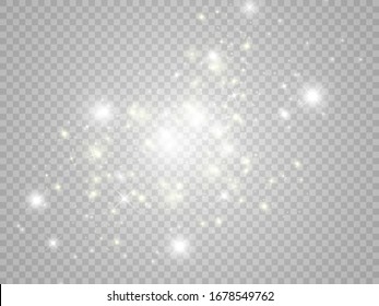 White sparks and golden stars glitter special light effect. Vector sparkles on transparent background. Christmas abstract pattern. Sparkling magic dust particles