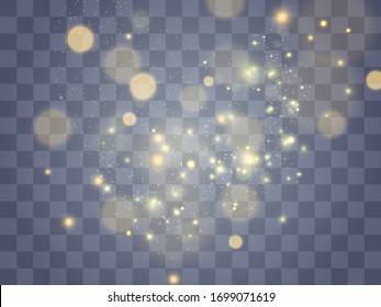 White sparks and golden stars glitter special light effect. Vector sparkles on transparent background. Christmas abstract pattern. Sparkling magic dust particles