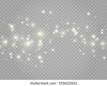 White sparks and golden stars glitter special light effect. Vector sparkles on transparent background. Christmas abstract pattern. Sparkling magic dust particles	