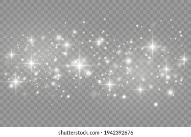 White sparks and golden stars glitter special light effect. Vector sparkles on transparent background. Christmas abstract pattern. Sparkling magic dust particles