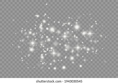 White sparks and golden stars glitter special light effect. Vector sparkles on transparent background. Christmas abstract pattern. Sparkling magic dust particles