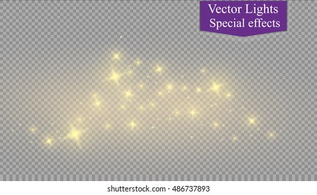 White sparks and golden stars glitter special light effect. Vector sparkles on transparent background.
