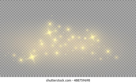 White sparks and golden stars glitter special light effect. Vector sparkles on transparent background.