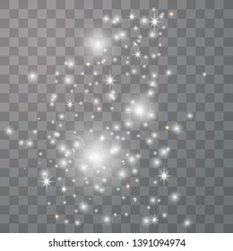 White sparks and golden stars shine with special light. Vector sparkles on a transparent background. Christmas abstract pattern. Sparkling magical dust particles. Vector illustrator eps10.