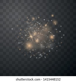 White sparks and golden stars shine with special light. Vector sparkles on a transparent background. Christmas abstract pattern. Sparkling magical dust particles. 