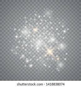 White sparks and golden stars shine with special light. Vector sparkles on a transparent background. Christmas abstract pattern. Sparkling magical dust particles. 