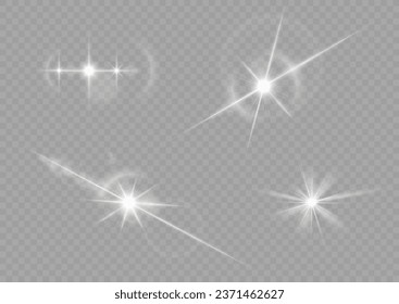 White sparks and golden stars shine with special light. Vector sparkles on a transparent background. Sparkling magical dust particles. Flash sunlight sparck. Glow sparkle effect. Abstract lens flare