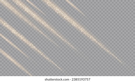 White sparks and golden stars shine with special light. Vector sparkles on a transparent background. Christmas light effect. Sparkling magical dust particles.