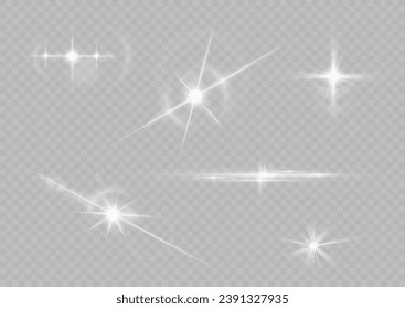 White sparks and golden stars shine with special light. Vector sparkles on a transparent background. Sparkling magical dust particles. Flash sunlight sparck. Glow sparkle effect. Abstract lens flare