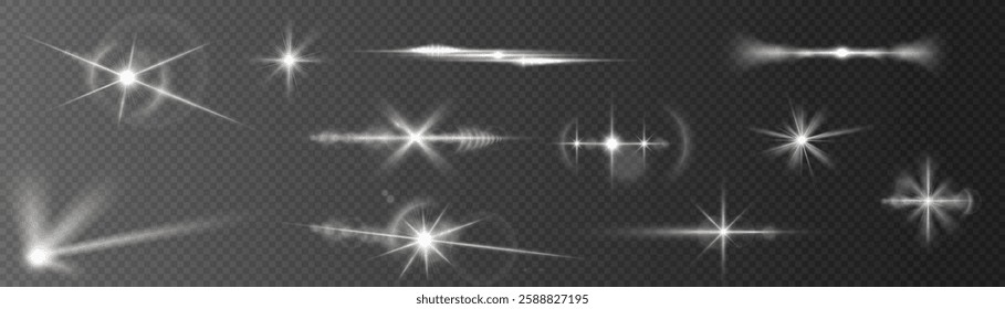 White sparks and golden stars shine with special light. Vector sparkles on a transparent background. Sparkling magical dust particles. Flash sunlight sparck. Glow sparkle effect. Abstract lens flare