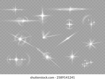 White sparks and golden stars shine with special light. Vector sparkles on a transparent background. Sparkling magical dust particles. Flash sunlight sparck. Glow sparkle effect. Abstract lens flare