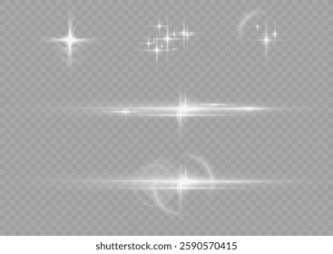 White sparks and golden stars shine with special light. Vector sparkles on a transparent background. Sparkling magical dust particles. Flash sunlight sparck. Glow sparkle effect. Abstract lens flare