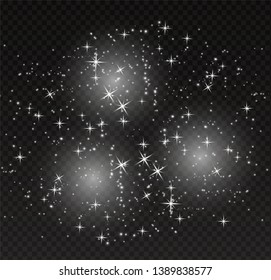 White sparks and golden stars sparkle with a special light effect. Sparkling particles of fairy dust.Vector glitters on a transparent background. Christmas abstract pattern
