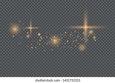 White sparks and golden stars sparkle with a special light effect. Sparkling particles of fairy dust.Vector glitters on a transparent background. Christmas abstract pattern