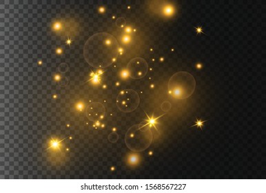 White sparks and golden stars sparkle with a special light effect. Sparkling particles of fairy dust.Vector glitters on a transparent background. Christmas abstract pattern