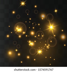 White sparks and golden stars sparkle with a special light effect. Sparkling particles of fairy dust.Vector glitters on a transparent background. Christmas abstract pattern