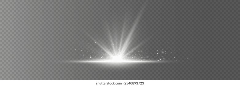 White sparks of light, a bright flash of a star, light rays. On a transparent background.