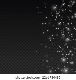 Las chispas blancas en un fondo transparente. Esparcen partículas mágicas de polvo. Efecto de luz brillante de Navidad, luces brillantes. Las luces de la lente brillan o brillan brillantemente brillantes estrellas brillantes. Ilustración vectorial.