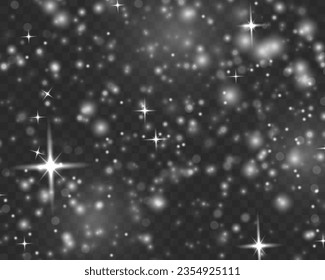 White sparks on transparent background. Sparkling magic dust particles. Christmas sparkl light effect, shine lights. Lens flare sparkles or shiny glittering glowing stars. Vector illustration.