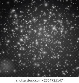 White sparks on transparent background. Sparkling magic dust particles. Christmas sparkl light effect, shine lights. Lens flare sparkles or shiny glittering glowing stars. Vector illustration.