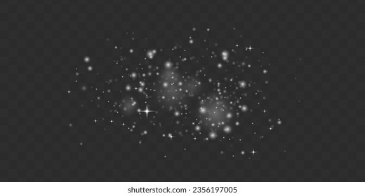 White sparks on transparent background. Sparkling magic dust particles. Christmas sparkl light effect, shine lights. Lens flare sparkles or shiny glittering glowing stars. Vector illustration.