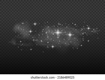 White sparks shine light effect. white dust. Vector sparkles on a transparent background. Christmas abstract smoke and wind pattern. Shiny fairytale dust particles with smoke and yellow color star.