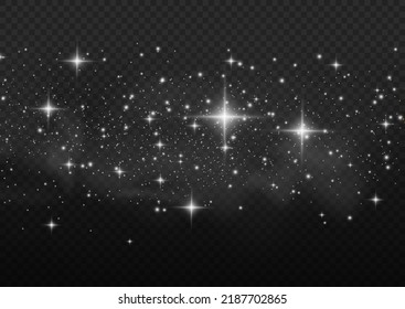 Las chispas blancas brillan por su efecto luminoso. polvo blanco. El vector brilla sobre un fondo transparente. Patrón de humo y viento abstracto de Navidad. Partículas de polvo de cuento de hadas brillantes con humo y estrella de color amarillo.