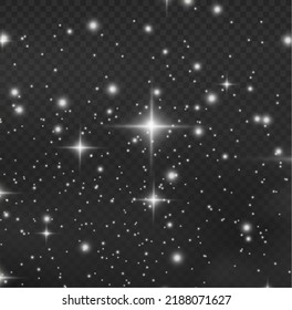 White sparks shine light effect. white dust. Vector sparkles on a transparent background. Christmas abstract smoke and wind pattern. Shiny fairytale dust particles with smoke and yellow color star.