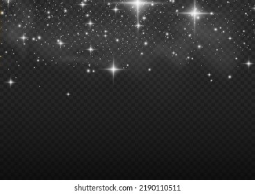Las chispas blancas brillan por su efecto luminoso. polvo blanco. El vector brilla sobre un fondo transparente. Patrón de humo y viento abstracto de Navidad. Partículas de polvo de cuento de hadas brillantes con humo y estrella de color amarillo.