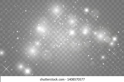 White sparks and stars glitter special light effect. Vector sparkles on transparent background. Christmas abstract pattern. Sparkling magic dust particles