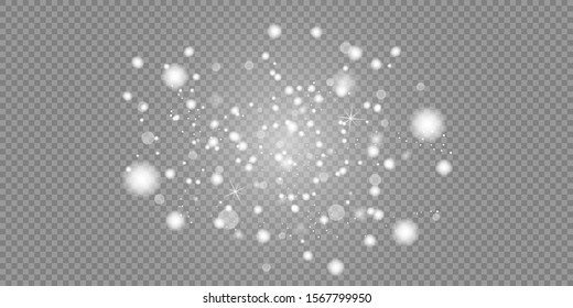 White sparks and stars glitter special light effect. Christmas abstract pattern. Sparkling magic dust particles. Vector sparkles on transparent background.