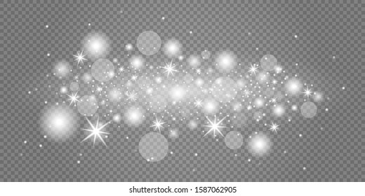 White sparks and stars glitter special light effect. Christmas abstract pattern. Sparkling magic dust particles. Vector sparkles on transparent background.