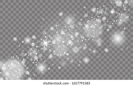 White sparks and stars glitter special light effect. Christmas abstract pattern. Sparkling magic dust particles. Vector sparkles on transparent background.