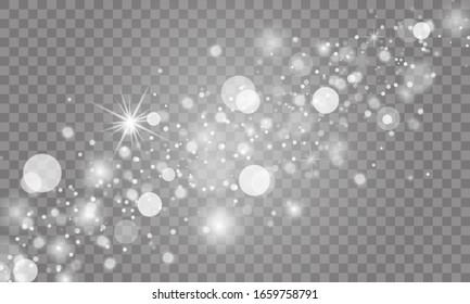 White sparks and stars glitter special light effect. Christmas abstract pattern. Sparkling magic dust particles. Vector sparkles on transparent background.