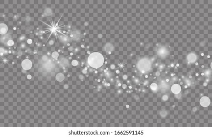 White sparks and stars glitter special light effect. Christmas abstract pattern. Sparkling magic dust particles. Vector sparkles on transparent background.