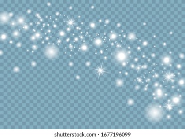 White sparks and stars glitter special light effect. Christmas abstract pattern. Sparkling magic dust particles. Vector sparkles on transparent background.