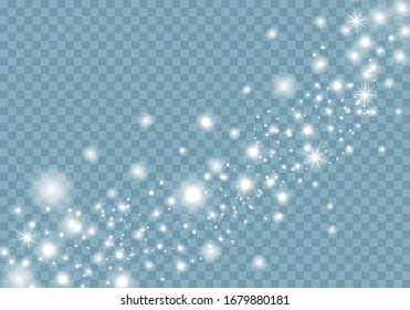 White sparks and stars glitter special light effect. Christmas abstract pattern. Sparkling magic dust particles. Vector sparkles on transparent background.