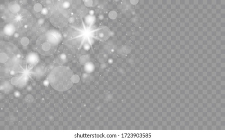 White sparks and stars glitter special light effect. Christmas abstract pattern. Sparkling magic dust particles. Vector sparkles on transparent background.