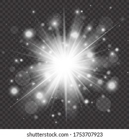White sparks and stars glitter special light effect. Christmas abstract pattern. Sparkling magic dust particles. Vector sparkles on transparent background.