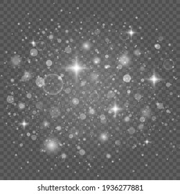 White sparks and stars glitter special light effect. Christmas abstract pattern. Sparkling magic dust particles.